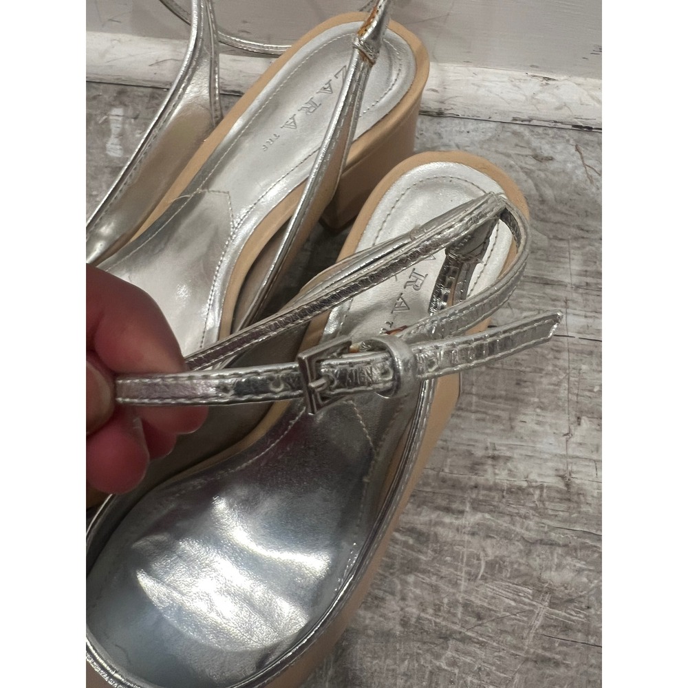 Zara Contrast Cap Toe Block Heels Womens Tan Black Silver Slingback Heels 41 US - Picture 10 of 13